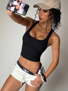 Solid Color Backless Cropped Sports Tank Top Casual Black - Black - View 9