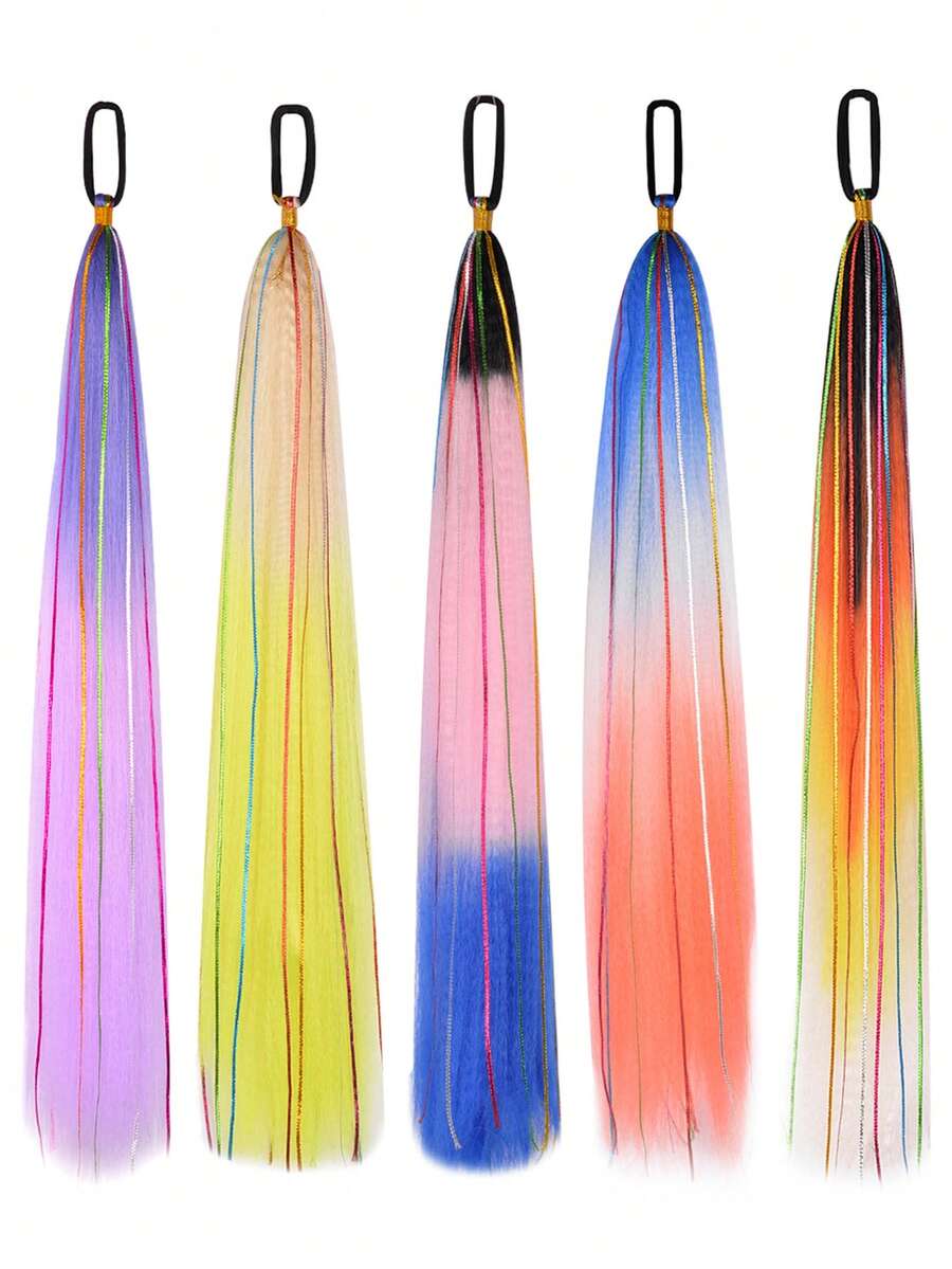 26 Inch Hair Tinsel Colored Ponytail Extension, 2 Packs Ombre Jumbo Braided Ponytail Hair Extensions Ponytail With Elastic Tie, Yaki Straight Sleek Wrap Around Braid Ponytail Natural Soft Synthetic Straight Hair For Women Party Hairpiece Accessories