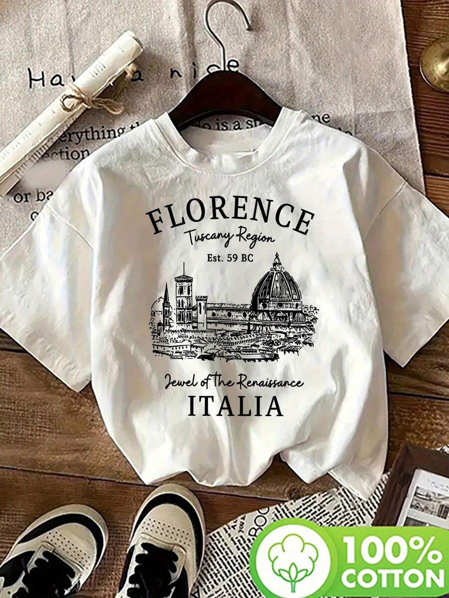 Soft, 100% Cotton, Plus-Size Women's Vintage-Style T-Shirt From Florence, Italy, Featuring A Print Of Historical Monuments. Made With A Relaxed Fit, Machine Washable, And Perfect For Spring, Summer, And Fall. A Classic Italian T-Shirt For Casual Everyday Wear, Designed To Last, With A Crew Neck, Suitable For All Seasons. Breathable Cotton, Easy To Pair With Anything. - 白色 - 查看 1