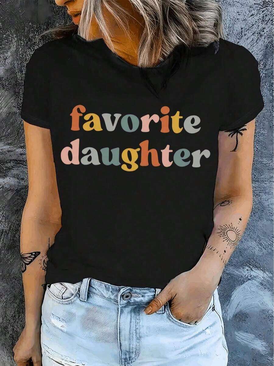 Cotton T-Shirt With Print Of The Favorite Daughter Of Mexican Women, Casual Short Sleeve T-Shirt, 1 Piece, 100% Heavy Cotton, Comfortable Round Neck, Soft And Cute T-Shirt, Fashionable Summer Cotton Top. - 黑色 - 查看 1