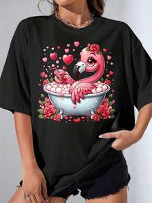 Black And White T-Shirt For Girls With Flamingo In The Bathtub Print, White And Pink Flamingo With Roses And Hearts For Casual Wear And Valentine's Day, Outdoor Party, 180g Printed Casual T-Shirt - 黑色 - 查看 7