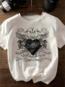 Estilo: YY0228243 Camiseta blanca a la moda con estampado de alas y corazones, camiseta con estampado de letras, top casual de manga corta y cuello redondo para verano y primavera, camiseta para mujer. - Blanco - Ver 8