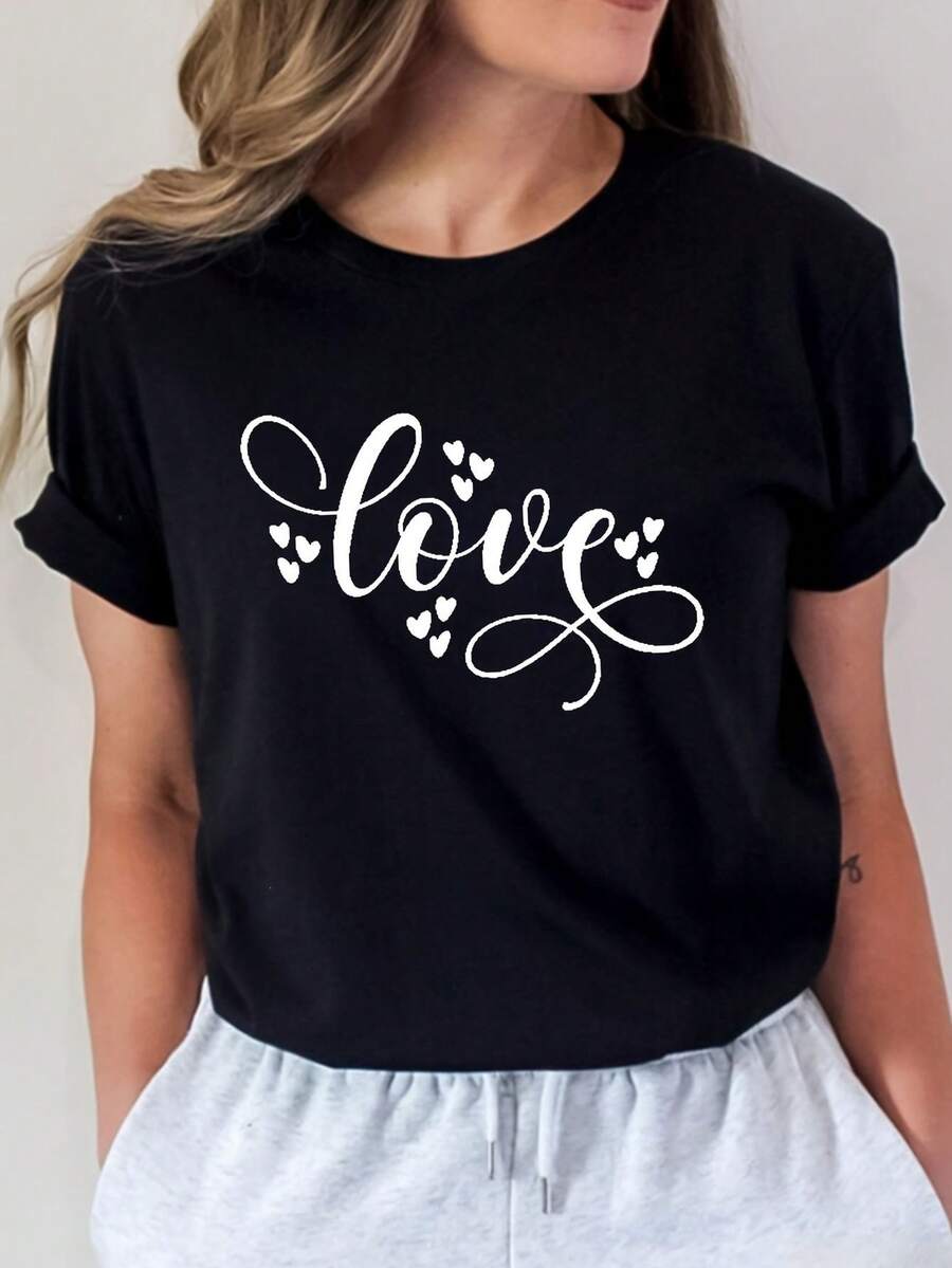 Camiseta con Estampado de Letras, Manga Corta, Cuello Redondo, Top Casual para Verano y Primavera, Ropa de Mujer - Negro - Ver 1