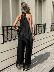 Conjunto de 2 piezas de top halter con dobladillo asimétrico de encaje en contraste y pantalones para mujer - Negro - Ver 2