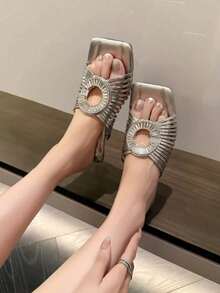 5cm New Colorblock Minimalist Thong Wedge Sandals Women 2025 Summer Open Toe High Heels - Silver - View 3