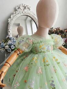 女嬰刺繡花瓣袖鏤空露背網紗公主裙，適合女孩生日派對、花童、婚禮、重要場合、節日慶祝禮服 - 薄荷綠 - 查看 3