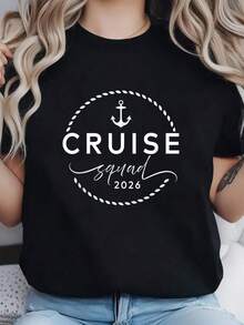 100% algodón, 1 pieza, camiseta negra para mujer con estampado de Anchor Cruise Squad, cuello redondo, camiseta casual de algodón, tejido de punto de elasticidad media, corte regular para damas, para primavera/verano/otoño. - Negro - Ver 5