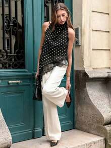 Blusa de mujer con cuello halter de estilo francés, con parches de encaje y lunares transparentes - Negro - Ver 3