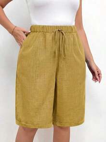 Pantalones cortos holgados de lino de talla grande para mujer, de unicolor, con bolsillo y lazo en la cintura, pantalones cortos anchos y de pierna ancha, pantalones cortos modestos para vacaciones y verano, color negro - Amarillo - Ver 7