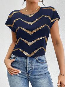 Blusa de mangas tipo murciélago de satén de unicolor, blusas de manga corta - Azul marino - Ver 1
