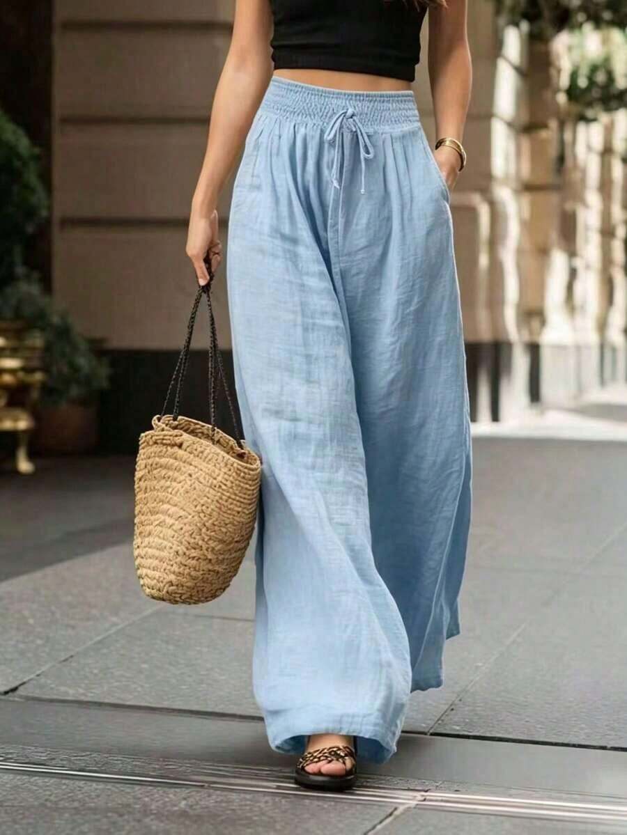 anchos de cintura alta y sueltos de unicolor para mujer, elegante atuendo de moda adecuado para primavera, verano, otoño e invierno, apropiado para vacaciones, ir al trabajo, uso diario, que muestra una elegancia graciosa, adecuado par - Celeste - Ver 1