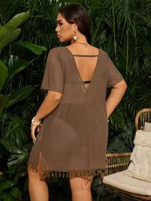 Swim  Salida de playa tipo kimono con flecos para talla grande - Marrón - Ver 2