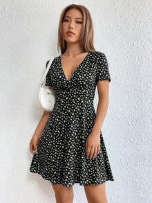 Vestido De Manga Corta Para Mujer Con Estampado Floral - Negro - Ver 8