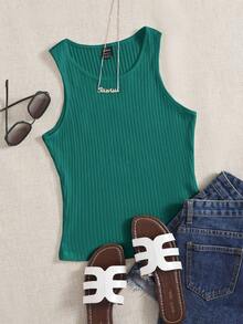 Top sin mangas de punto acanalado amarillo para looks de verano - Verde Oscuro - Ver 7