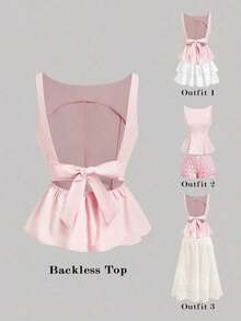 Top sin espalda con lazo y tirantes de barco en color rosa, ideal para vacaciones de verano, primavera/verano, Día de San Valentín, fiestas elegantes, ceremonias, vacaciones en la playa para mujeres, elegante, boda, estilo bohemio, top casual pa - Rosa - Ver 8