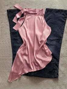 Blusa asimétrica con lazo y espalda descubierta de color rosa loto, ropa de mujer casual, retro, minimalista, sexy, elegante, romántica, para festivales de música, playa, vacaciones y salidas de verano - Rosa vieja - Ver 3