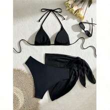 Conjunto de bikini casual de un solo color con espalda descubierta y detalle de nudo, ropa de playa para vacaciones de verano en negro - Negro - Ver 2