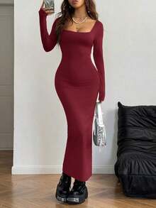 Vestido ajustado de manga larga con cuello cuadrado, de punto básico gris para mujer, para primavera/verano - Burdeos - Ver 5