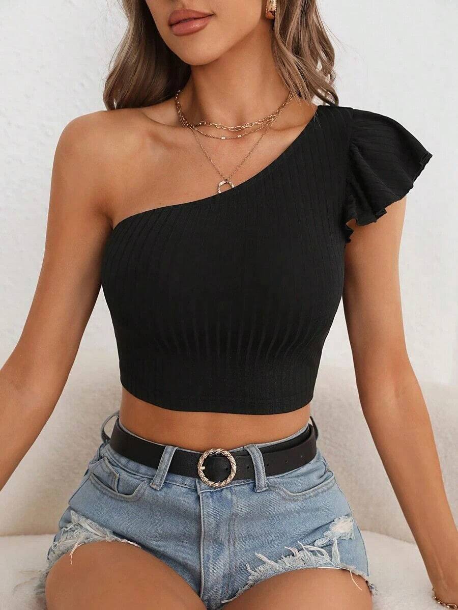 Camiseta crop de un hombro ribete con fruncido - Negro - Ver 1