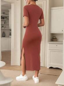 Frenchy Vestido elegante de unicolor de manga corta con abertura simple para mujeres - Naranja Quemada - Ver 2