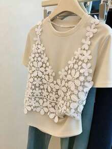 Camiseta de verano casual de 2 en 1 para vacaciones y viajes, con parches de encaje y manga corta para mujeres - Albaricoque - Ver 8