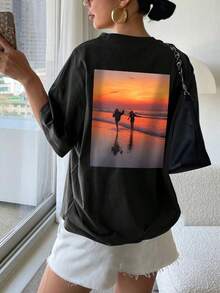 Camiseta personalizada para mujer - Agrega tu texto y fotos (diseño horizontal/insignia/pareja/familia/selfie/mascota), impresa en el frente y la espalda, diseña tu camiseta personalizada impresa en blanco para el verano, regalo personalizado100% Cotton - Negro - Ver 4