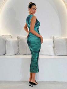 Vestido midi de Body con estampado abstracto rojo sin mangas, adecuado para el verano - Verde - Ver 2