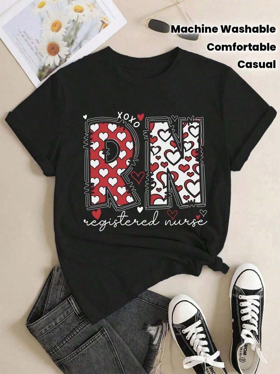 1 Piece (T-Shirt), Valentine's Day Gift T-Shirt For Nurses - Casual Black Nurse Thank You T-Shirt, Red And White Heart Design, Plus Size, Machine Washable, Suitable For Spring, Summer And Autumn, Nurse T-Shirt. - 黑色 - 查看 1