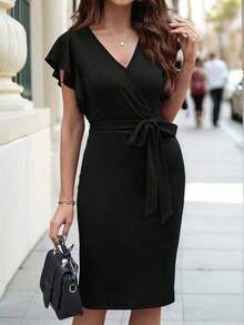 Vestido midi con estampado floral y cuello en V con mangas cortas, elegante para vacaciones - Negro - Ver 7