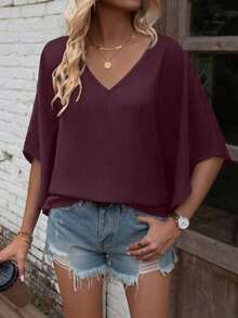 Camisa de manga de murciélago de unicolor casual, verano - Burdeos - Ver 5