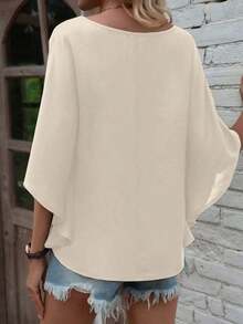 Camisa de manga corta de unicolor, cuello en V, holgada y casual para vacaciones - Albaricoque - Ver 2