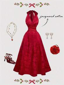 Vestido de mujer de moda con estampado total, cuello halter y lazo en la cintura, de largo medio - Rojo - Ver 1