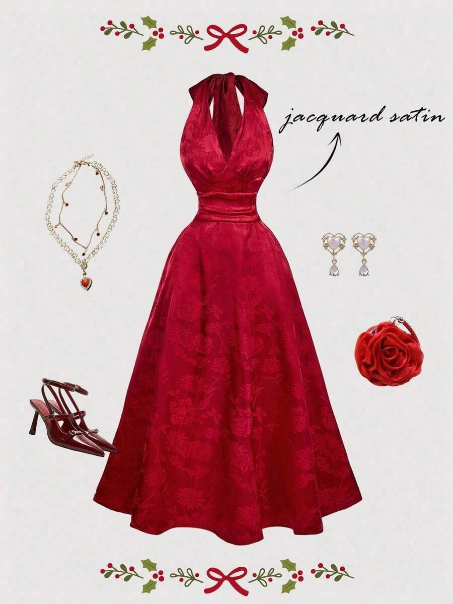 Vestido de mujer de moda con estampado total, cuello halter y lazo en la cintura, de largo medio - Rojo - Ver 1