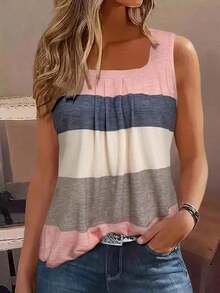Camiseta sin mangas de mujer con bloques de color y rayas, estilo casual para vacaciones - Multicolor 2 - Ver 7