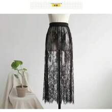 Elegant Black Skirt In 2 Lengths, Long Sheer Tulle Skirt With White Lace, High-Waisted Elastic Midi Beach Skirt, Drop Shipping - 黑色 60厘米 - 查看 3