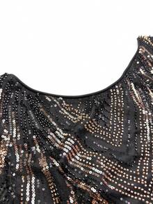 UNITHORSE [Random Cut] Round Neck Long Sleeve Cinched Waist Sequin Evening Dress - Black - View 6
