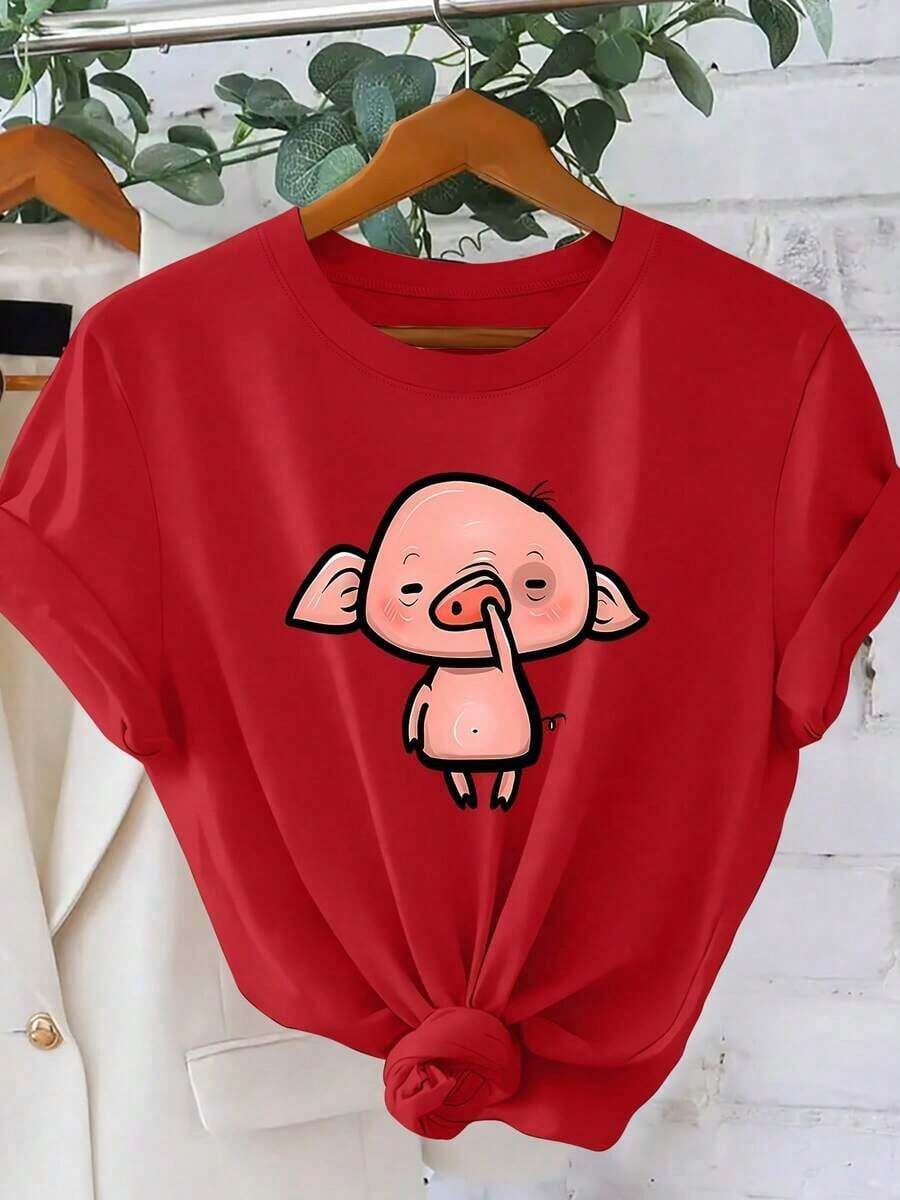 Women's T-Shirt With Funny Pig Scratching His Nose Print | Fun Cartoon Style, Crew Neck, Short Sleeve | Casual And Adorable Eye-Catching Top | Spring/Summer 2026 Resort Style Clothing | Stylish Retro Women's Clothing For Parties And Everyday Wear - Unisex Loose Cotton Short Sleeve Crew Neck T-Shirt, Vintage Urban Style - 紅色 - 查看 1