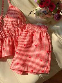 xheComfortcana Conjunto informal de camiseta de tirantes y pantalones cortos con estampado de corazón tejido y cuadros en rojo para mujerxhe - Rojo - Ver 4