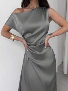 Vestido elegante asimétrico de hombro con pliegues y bajo de cola de sirena en color verde, adecuado para citas, vacaciones, bodas, eventos, regreso a la escuela, graduación, vestido de dama de honor formal, vestidos elegantes para mujer - Gris - Ver 4