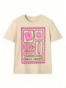 Women's "BIBLES + BEACH" Short-Sleeved T-Shirt With A Pink And Green Plaid Graffiti Print, Made Of Soft, Breathable Fabric, With A Relaxed Fit And A Sweet American Girl Style. Perfect For Summer Beach Vacations, Church Visits, And Casual Outings With Friends. Suitable For Spring, Summer, And Autumn. - 杏色 - 查看 2