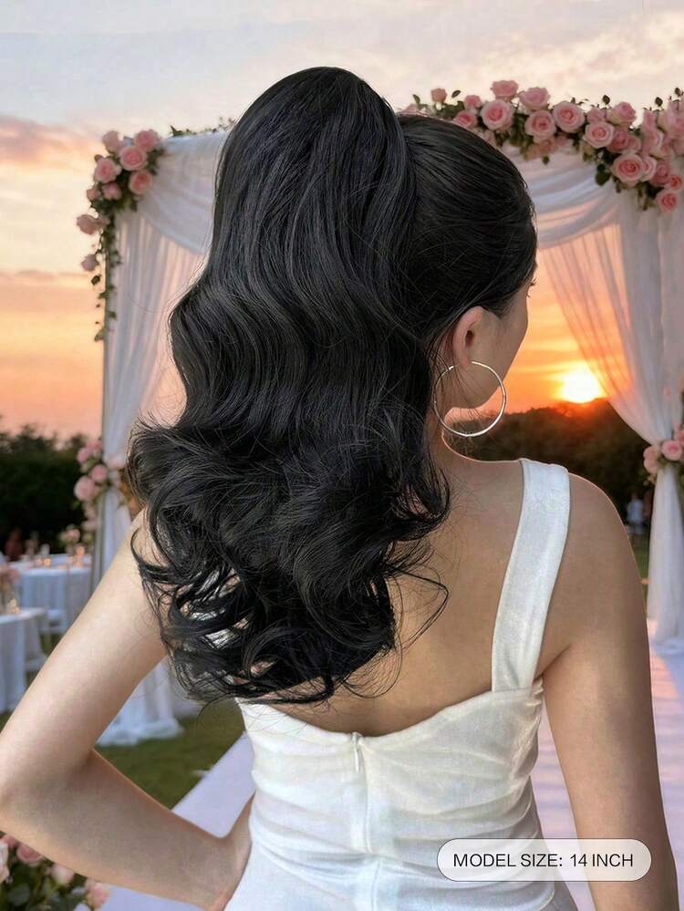 14 Inch Short Wavy Clip-In Ponytail Extensions, Synthetic Curly Ponytail Hair Piece, Fluffy Daily Ponytail For Women (Natural Black)
