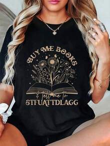 Minimalist Casual T-Shirt Spring Summer Buy Me Books Tell Me To Stfuattdlagg Librarian Book Lover T-Shirt Vintage Relaxed Fit T-Shirt For Women Premium Soft Printed Crew Neck Fashion T-Shirts Simple T-Shirt For Everyday Wear - 黑色 - 查看 5
