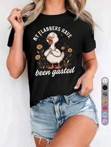 Women's Summer Clothes, Women's Casual Sports T-Shirt, Round Neck T-Shirt, MY FLABBERS HAVE Been Gasted, Youthful Style, Casual Wear, Funny Duck Design, Cartoon Style, Flabbergasted, Du, Comfortable Top For All Seasons, 100% Cotton, Plus Size, Funny Print T-Shirt - 黑色 - 查看 1