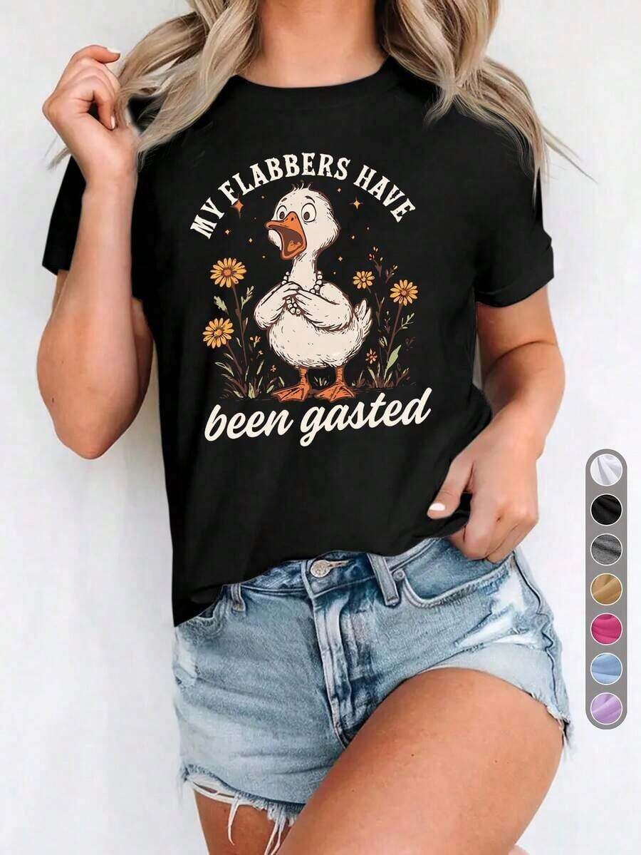 Women's Summer Clothes, Women's Casual Sports T-Shirt, Round Neck T-Shirt, MY FLABBERS HAVE Been Gasted, Youthful Style, Casual Wear, Funny Duck Design, Cartoon Style, Flabbergasted, Du, Comfortable Top For All Seasons, 100% Cotton, Plus Size, Funny Print T-Shirt - 黑色 - 查看 1