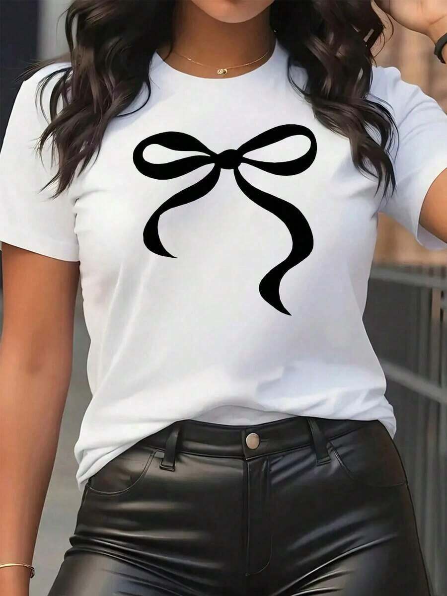 Women's Short-Sleeved T-Shirt With A Round Neck And Black Satin Ribbon Design - Casual Sporty Style, Soft And Breathable, 95% Polyester Fiber, 180g, Elegant And Simple, Bold And Unique, Suitable For Casual Combinations, Perfectly Highlighting Youthful Vitality. Women's Blouses, Women's Summer Graphic T-Shirts, Women's Casual Printed T-Shirt, Short Sleeve And Round Neck, Local Spring/Summer Urban Fashion. - 白色的 - 查看 1
