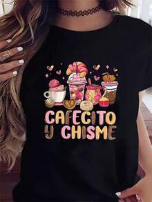 Conjuntos de verano para mujer. Camiseta gráfica divertida de "Cafecito Y Chisme" para mujer, de algodón suave, elegante, casual, de manga corta y cuello redondo. Tops de verano. - Negro - Ver 1