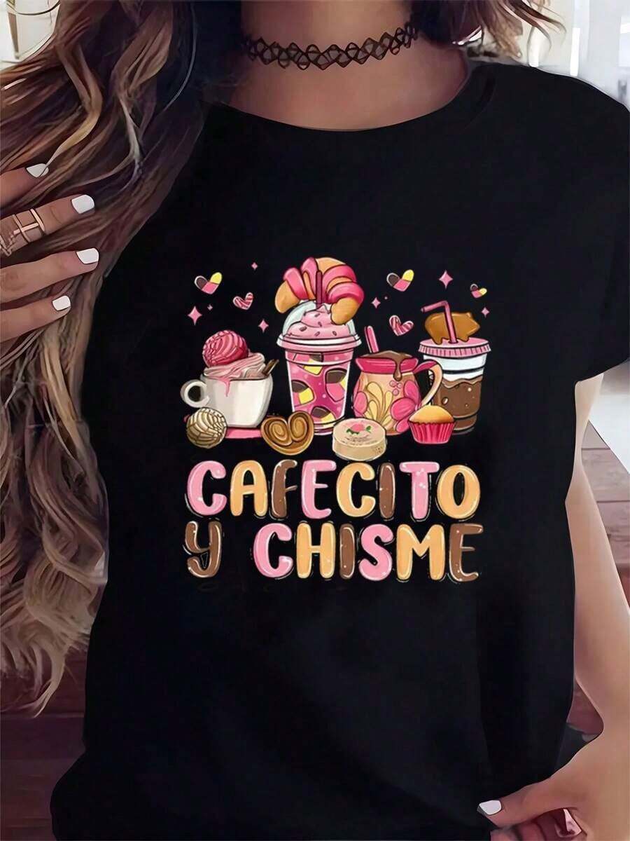 Conjuntos de verano para mujer. Camiseta gráfica divertida de "Cafecito Y Chisme" para mujer, de algodón suave, elegante, casual, de manga corta y cuello redondo. Tops de verano. - Negro - Ver 1