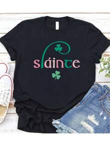 Women's T-Shirt, Pure Cotton, Black - Lucky Shamrock Print T-Shirt For St. Patrick's Day - High Quality - 黑色 - 查看 7