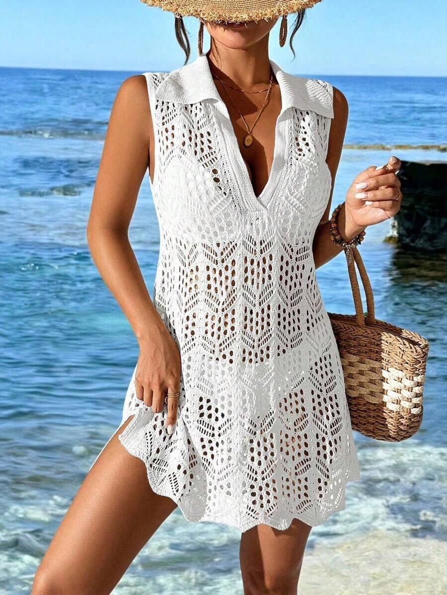 Cubre vestido de punto calado de unicolor para mujer, para el verano - Blanco - Ver 1