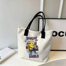 Miniso Túi tote vải canvas in hình Minions "Show Me That Smile Photographer", màu trắng, thích hợp sử dụng hàng ngày. - Hồng - Xem 5